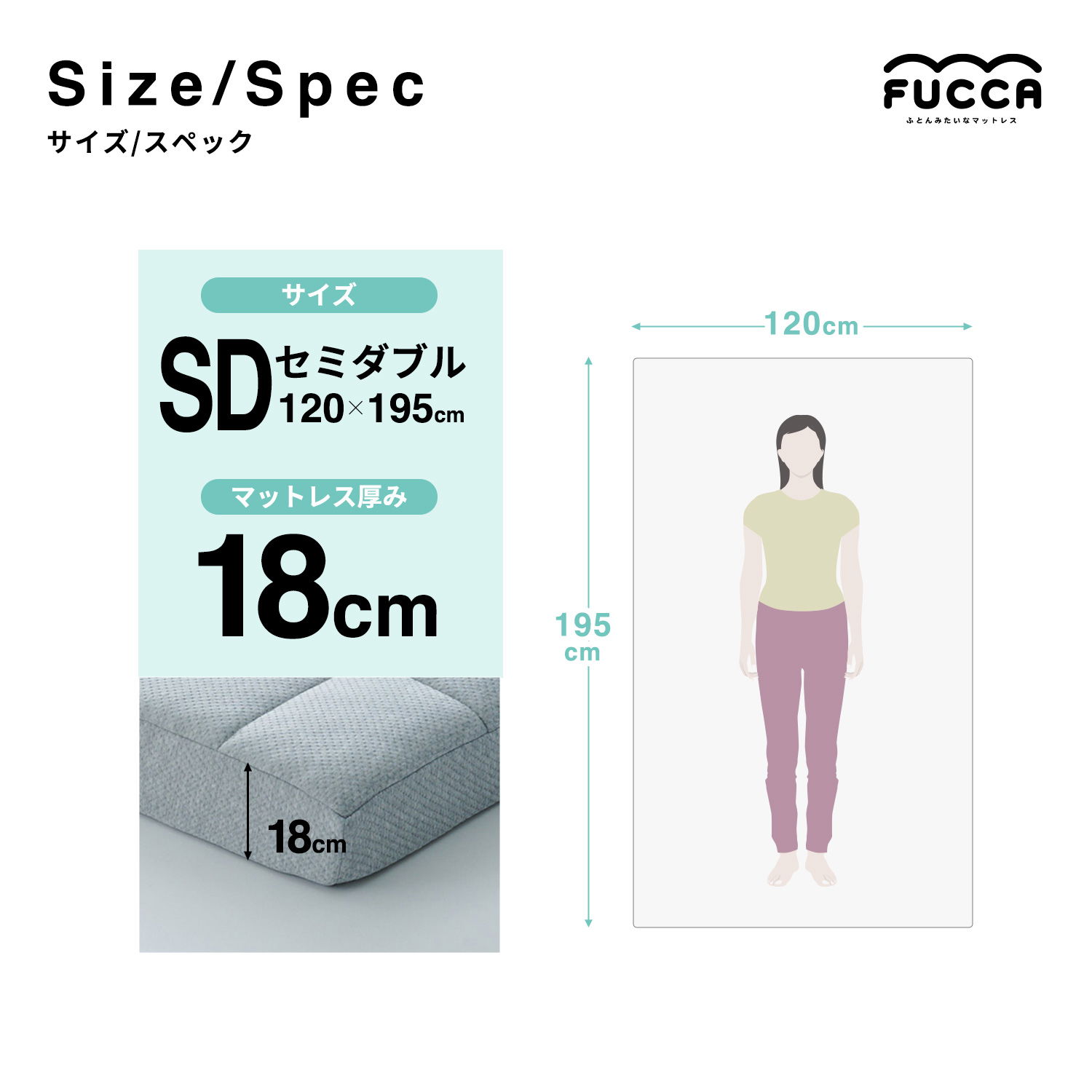 セミダブルサイズは幅120×奥行195×厚み18cmサイズ
