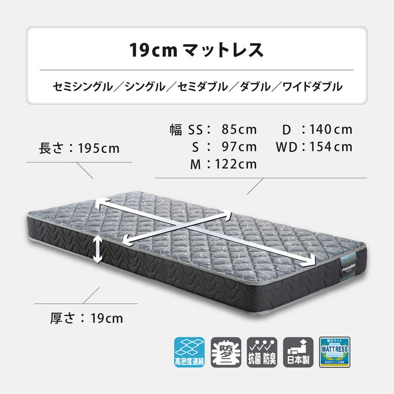 フランスベッド マットレス ダブル 19cm厚 寝返りしやすい 通気性良い 防ダニ 抗菌 防臭 高密度連続スプリングマットレス HS-EC190