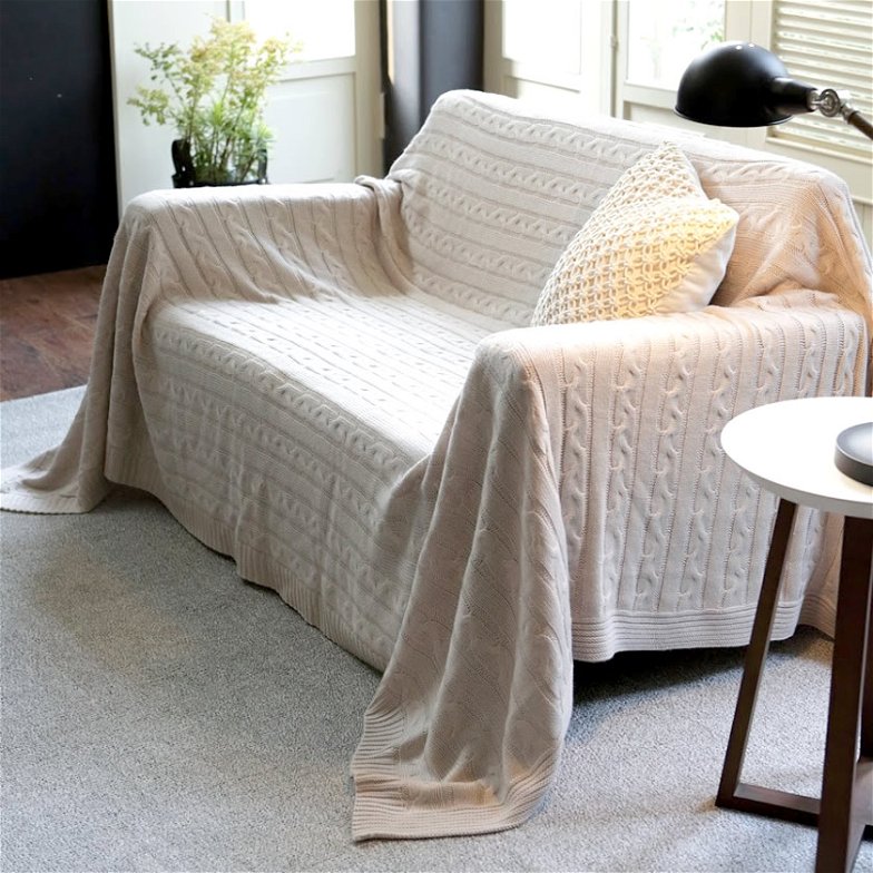 Fab the Home マルチカバーL190×240 Cable Knit  ケーブル編み大判ニット ベッドカバー ソファカバー ベッドスプレッド こたつ上掛け