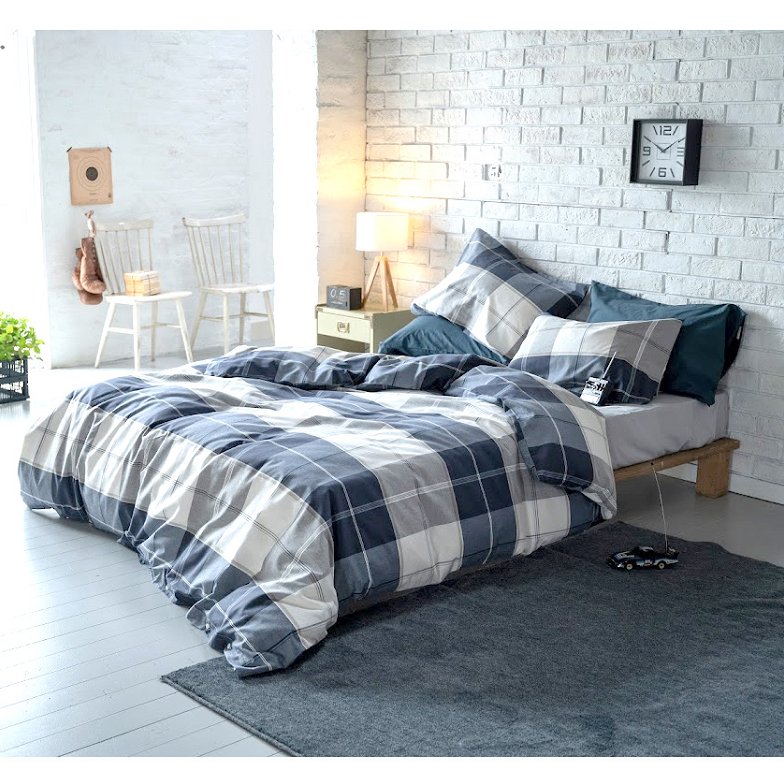 枕カバーM  枕カバー アクロス  Across  ピローケースM 43×63cm用 綿100％ ネイビーを基調にしたツイル織りのシックなブロックチェック