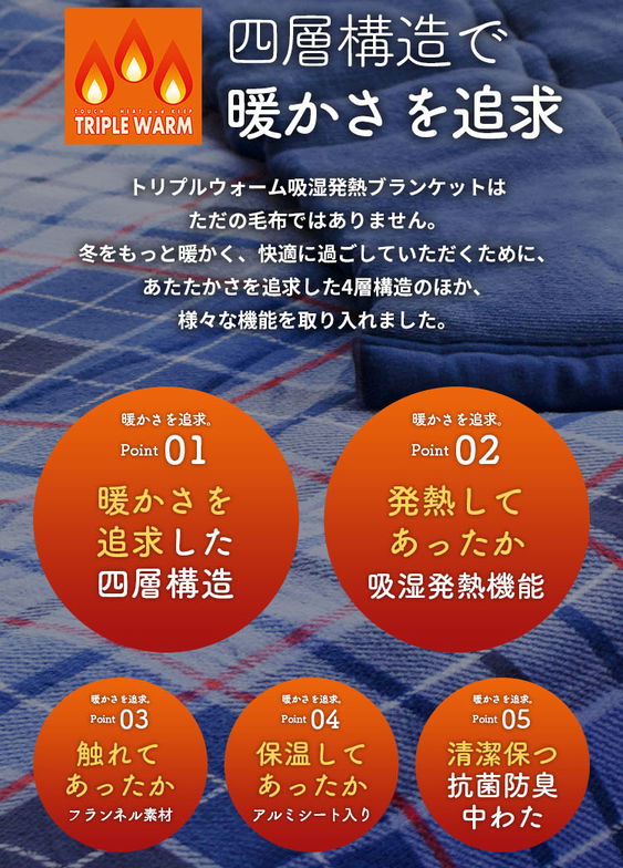 ジュリーアダムス トリプルウォーム  吸湿発熱ブランケット ダブルサイズ 抗菌防臭中綿 静電気抑制 アルミシート入り保温力 速乾性