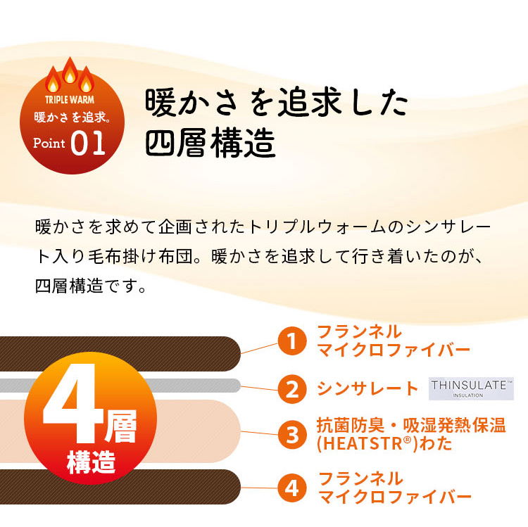 ジュリーアダムス トリプルウォーム掛け毛布 シングルロングサイズ シンサレート入り 抗菌防臭中綿 静電気抑制 アルミシート入り保温力