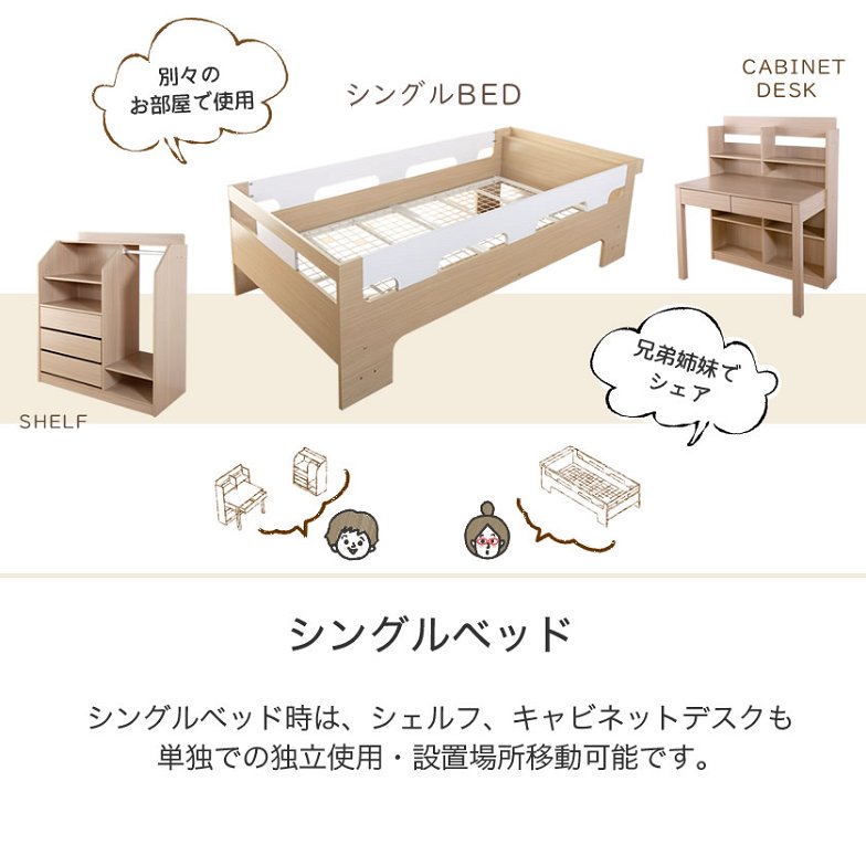 システムベッド デスク付き 子供 Baum(バウム) 木製 ベッド、デスク、シェルフ、キャビネットがセット。眠る・収納する・勉強するがこの1台で揃います。