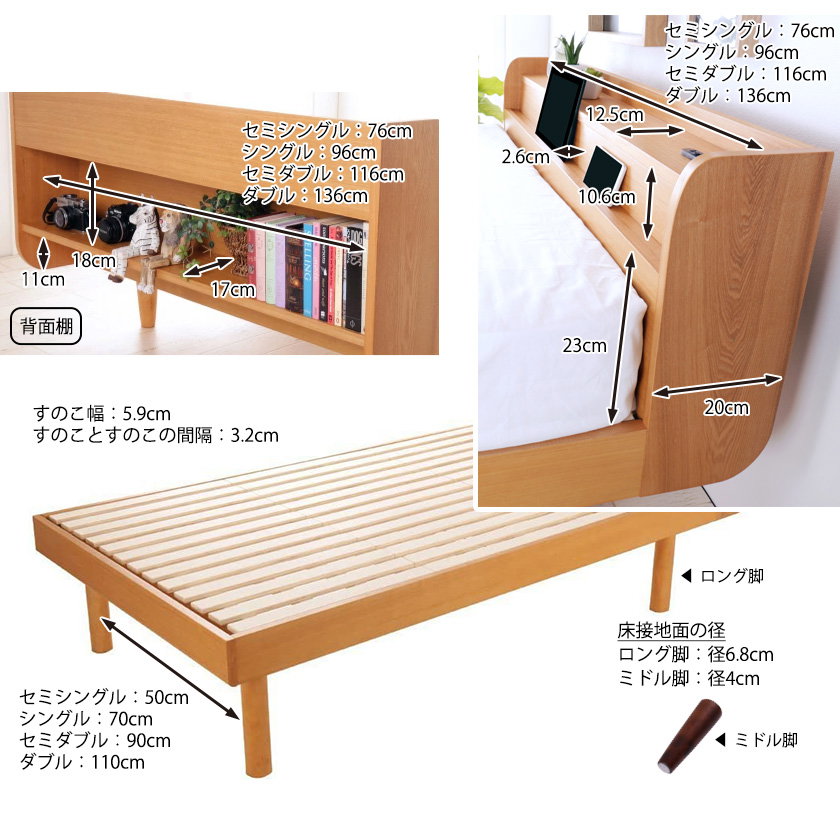 セミダブルベッド マットレス付属 背板68×巾125 マットレス厚さ20 
