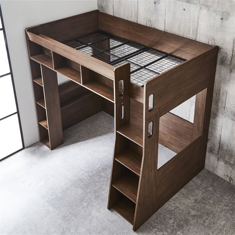 木製 ロフトベッド Ashby(アシュビー)  シングル  シンプルデザイン オープンシェルフ 棚付き。ベッド下スペース有効活用 2段ベッド風 ブラウン ナチュラル 階段付き