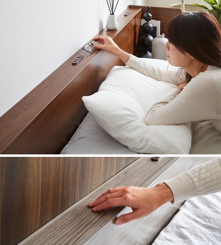 Platform Bed ローベッド セミダブル 棚付きコンセント2口 木製ベッド フロアベッド ステージベッド すのこ スタイリッシュ