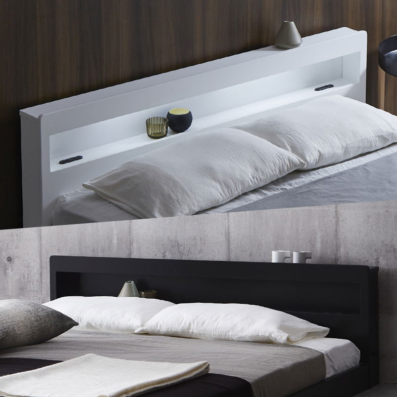 レスター ローベッド クイーン フレームのみ 木製 棚付き LED照明 コンセント すのこ ブラック ホワイト | すのこベッド ベッド 【大型家具配送】