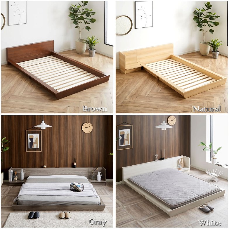Platform Bed ローベッド シングル 15cm厚 ポケットコイルマットレス付 棚付きコンセント2口 木製ベッド フロアベッド ステージベッド