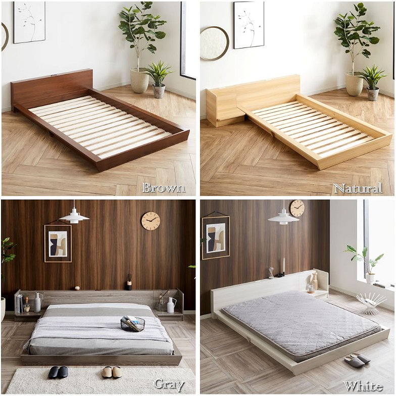 Platform Bed ローベッド シングル 20cm厚 ポケットコイルマットレス付 棚付きコンセント2口 木製ベッド フロアベッド ステージベッド