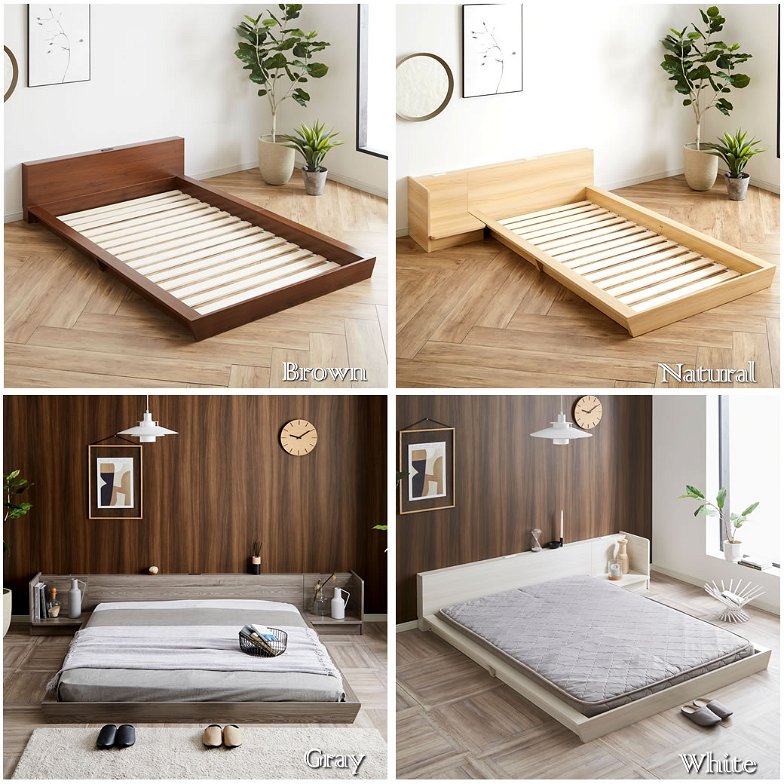 Platform Bed ローベッド セミダブル 20cm厚 ポケットコイルマットレス付 棚付きコンセント2口 木製ベッド フロアベッド ステージベッド