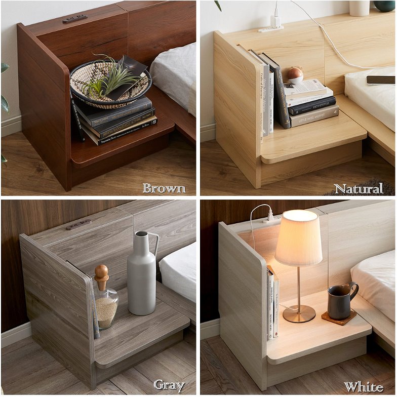 Platform Bed ローベッド セミダブル ナイトテーブルR(右) 15cm厚 ポケットコイルマットレス付 棚付きコンセント2口 木製ベッド
