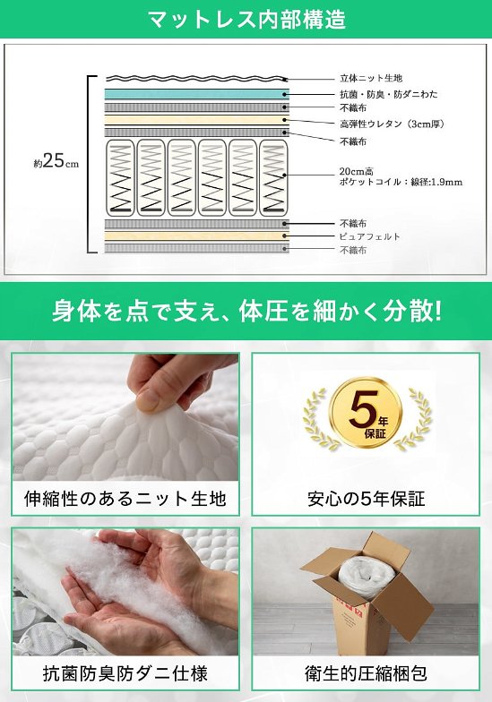 Platform Bed ローベッド セミダブル ナイトテーブルLR(左右) 25cm厚 ポケットコイルマットレス付 棚付きコンセント2口 木製ベッド