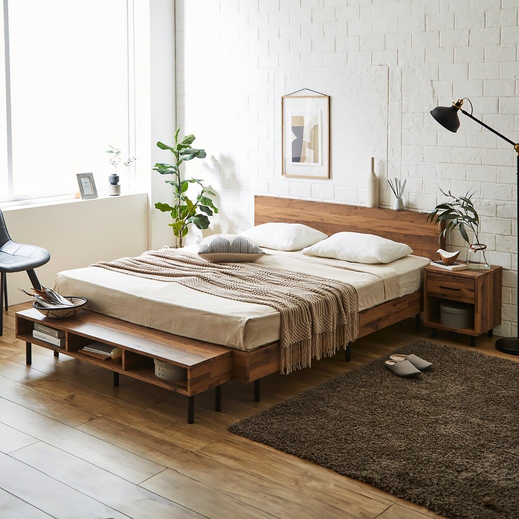 棚付きベッド ベッドフレームのみ クイーン 木製 すのこベッド 