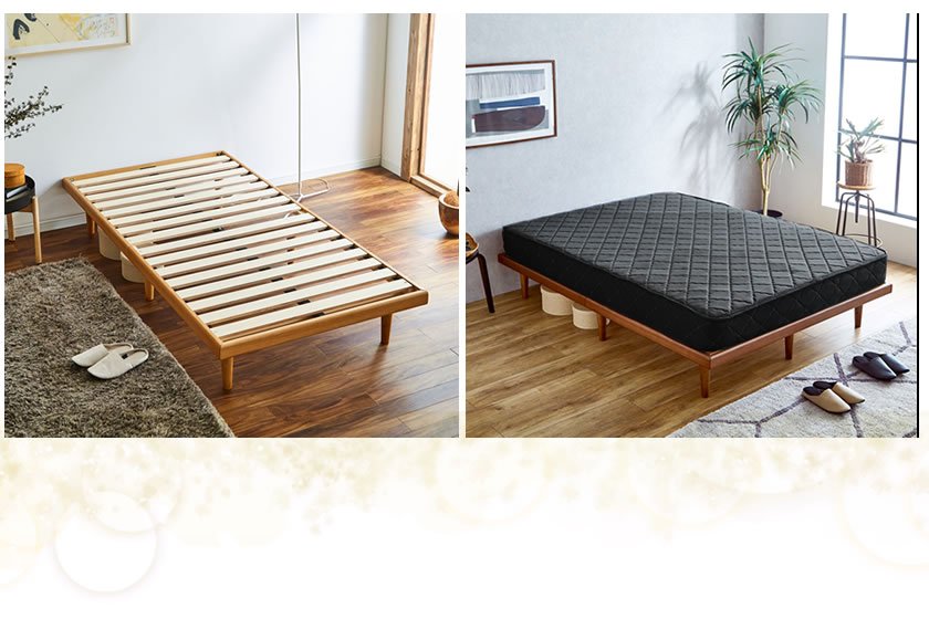 すっきりとしたフォルムの木製ベッド