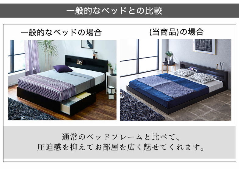 レスター ローベッド キング フレームのみ 木製 棚付き LED照明 コンセント すのこ ブラック ホワイト | すのこベッド ベッド 【大型家具配送】