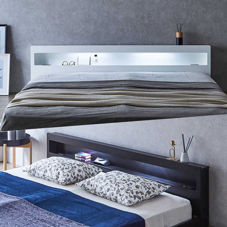 【ポイント10倍】レスター ローベッド キング 高密度バリューポケットコイルマットレス付き 木製 棚付き LED照明 コンセント すのこ ブラック ホワイト | 【大型家具配送】