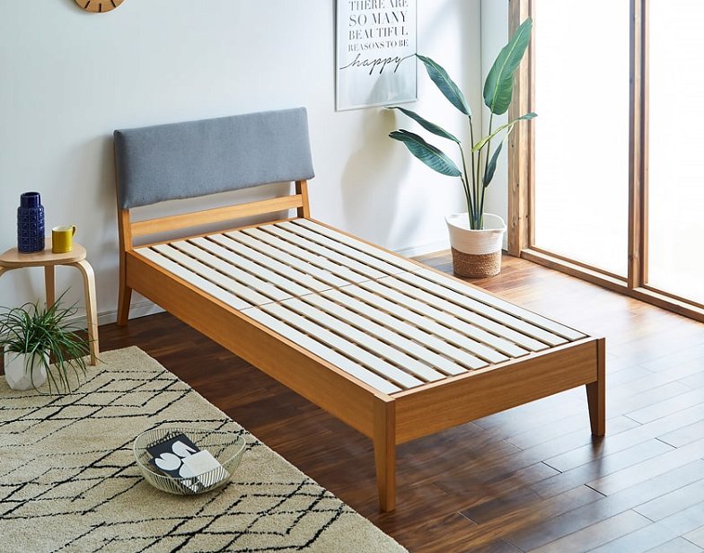 スオマ ファブリックベッド すのこベッド シングル マットレスセット 厚さ15cmポケットコイルマットレス付き オーク材突板 木製
