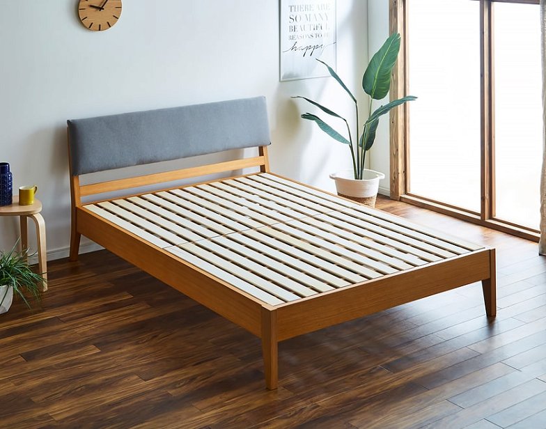 スオマ ファブリックベッド すのこベッド ダブル マットレスセット 厚さ15cmポケットコイルマットレス付き オーク材突板 木製