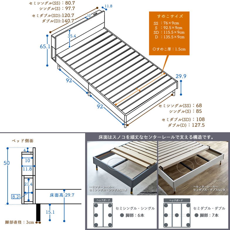 Lepus(レプス) 棚・コンセント・LED照明付きすのこベッド シングル