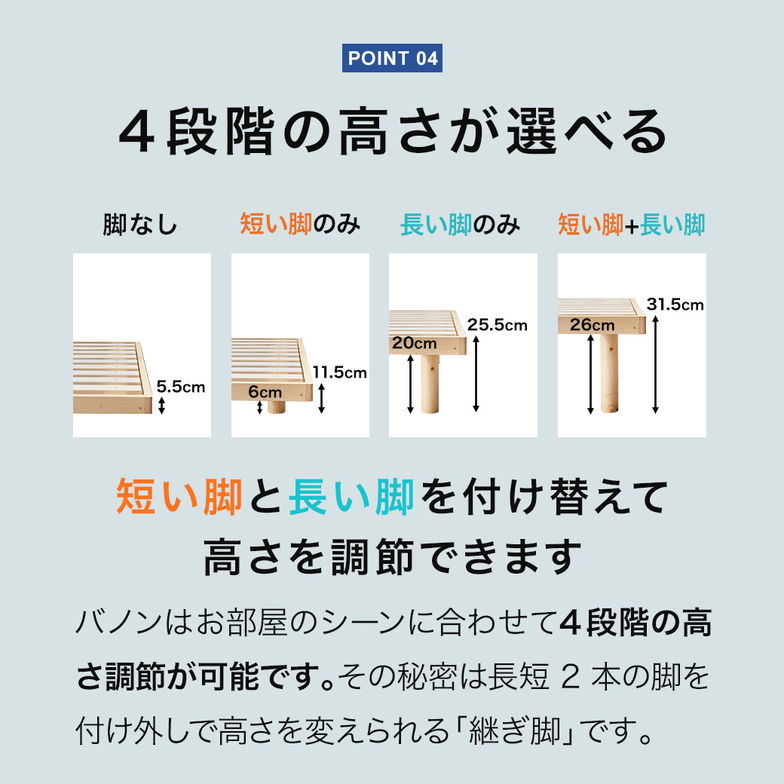 【ポイント10倍】バノン すのこベッド シングル ロング 厚さ20cmポケットコイルマットレスマットレス付き 木製 長さ210cm 耐荷重500kgクリア 組立簡単 高さ4段階 【大型家具配送】