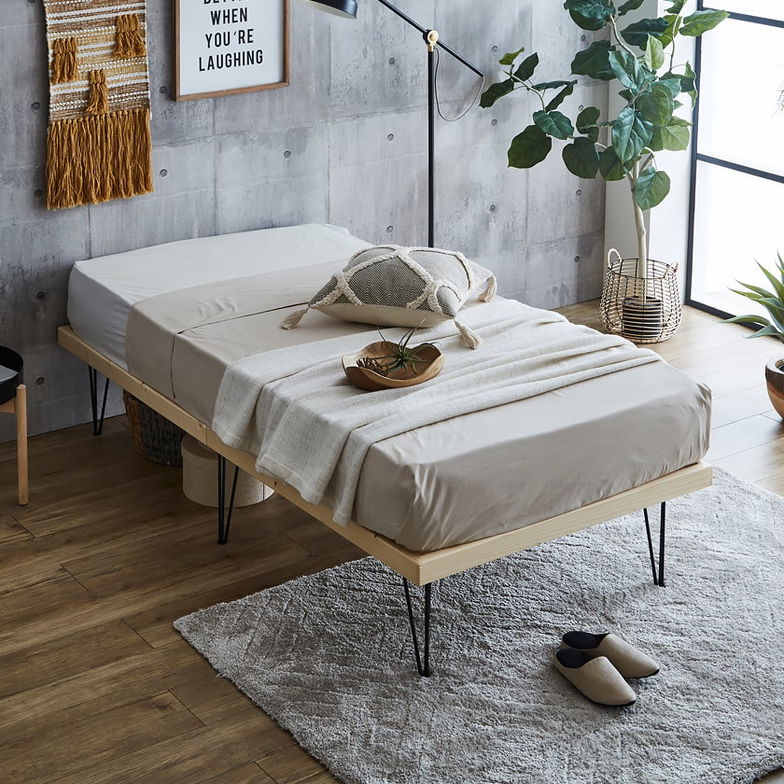 バノン すのこベッド ヘッドレスベッド アイアン脚 シングル シングルベッド 木製 ベッドフレーム 耐荷重350kg 組立簡単 ヴィンテージ調 インダストリアル