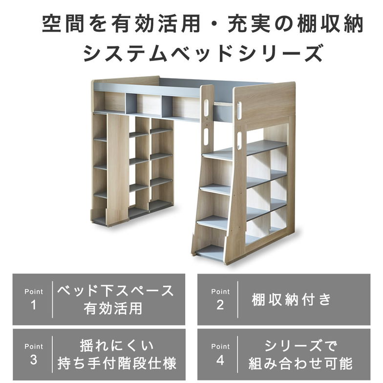 木製 ハイタイプロフトベッド Ivey (アイビー) マットレスセット 高さ176cm 充実の棚収納付きベッド ベッド下収納 シングル 階段