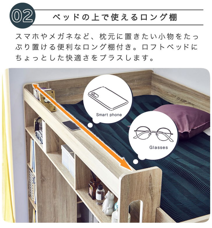 木製 ハイタイプロフトベッド Ivey (アイビー) マットレスセット 高さ176cm 充実の棚収納付きベッド ベッド下収納 シングル 階段
