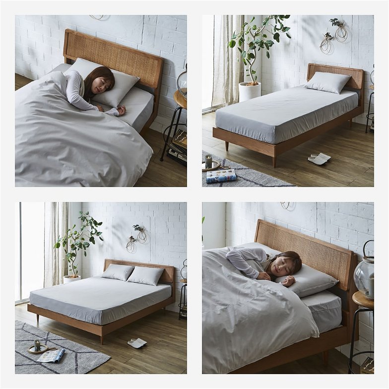 ビレ ラタンベッド すのこベッド シングル 厚さ20cmポケットコイルマットレスセット 木製 オーク材突板