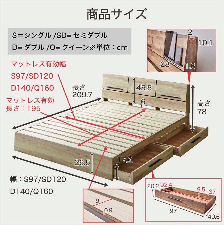 収納付きベッド  すのこベッド 収納ベッド  セミダブル フレーム単品 棚 USB Type-A Type-C コンセント 引き出し収納付きベッド リーン