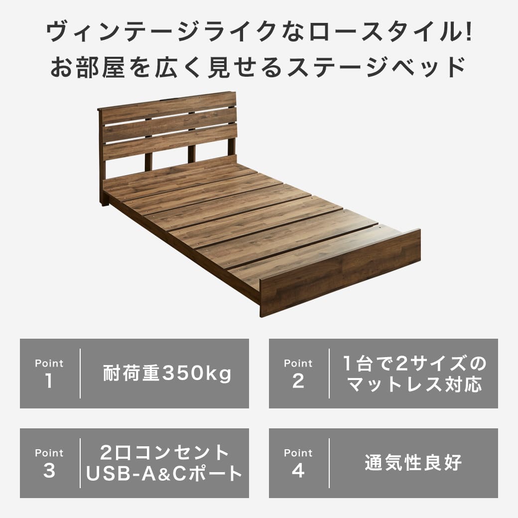 アーデン ステージベッド ローベッド 棚コンセント付き USB-A&C アーデン ステージベッド ローベッド 棚コンセント付き USB-A&C