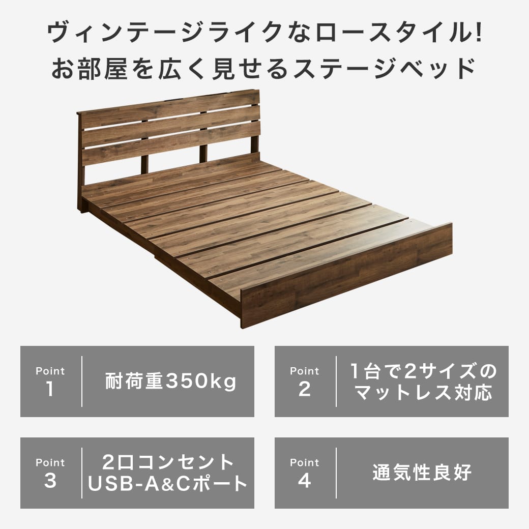 アーデン ステージベッド ローベッド 棚コンセント付き USB-A&C アーデン ステージベッド ローベッド 棚コンセント付き USB-A&C