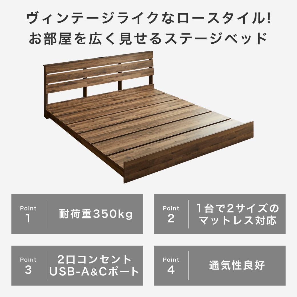 アーデン ステージベッド ローベッド 棚コンセント付き USB-A&C アーデン ステージベッド ローベッド 棚コンセント付き USB-A&C