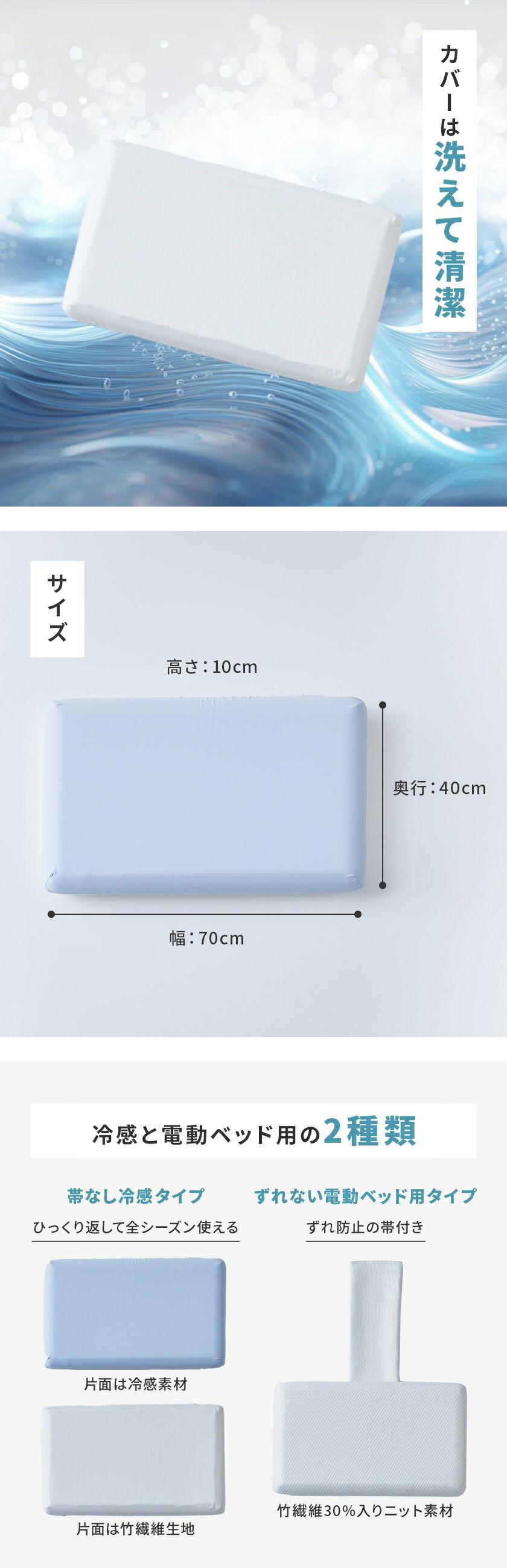 低反発枕 ・冷感カバー付き 70cm幅枕 ひろびろ枕 ウレタン オールシーズン 冷感枕  電動リクライニングベッド対応 枕 ウレタン枕 ウォッシャブル 1年中使える ネルコンシェルジュ neruco オリジナル ホワイト ブルー ストレートネック 横向き寝  低反発枕 pillow おすすめ ギフト