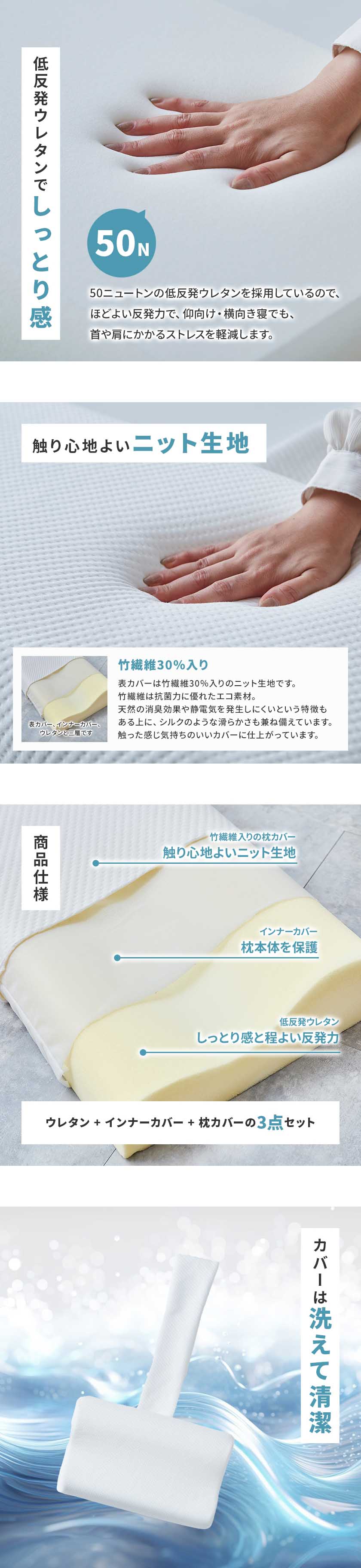 電動ベッドでも落ちない 低反発枕  竹繊維ベルトカバー付き 50cm幅 　電動ベッド対応  電動リクライニングベッド専用枕 枕 ウレタン枕 抗菌 消臭 ウォッシャブル ネルコンシェルジュ neruco オリジナル ホワイト ストレートネック 横向き寝  低反発枕 pillow おすすめ ギフト