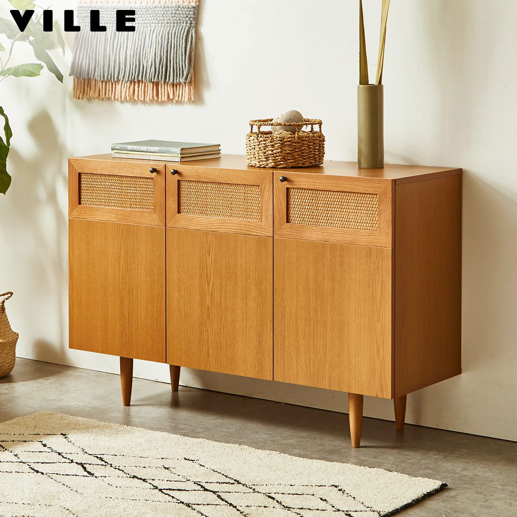 ビレ キャビネット サイドボード ラタン 幅120cm 高さ80cm 木製 扉式