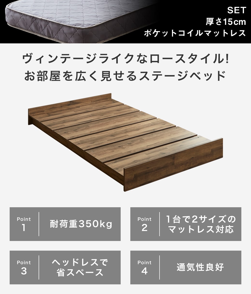 ローシングルベッド2台とコイルマットレス シングルベッドを2つ並べる