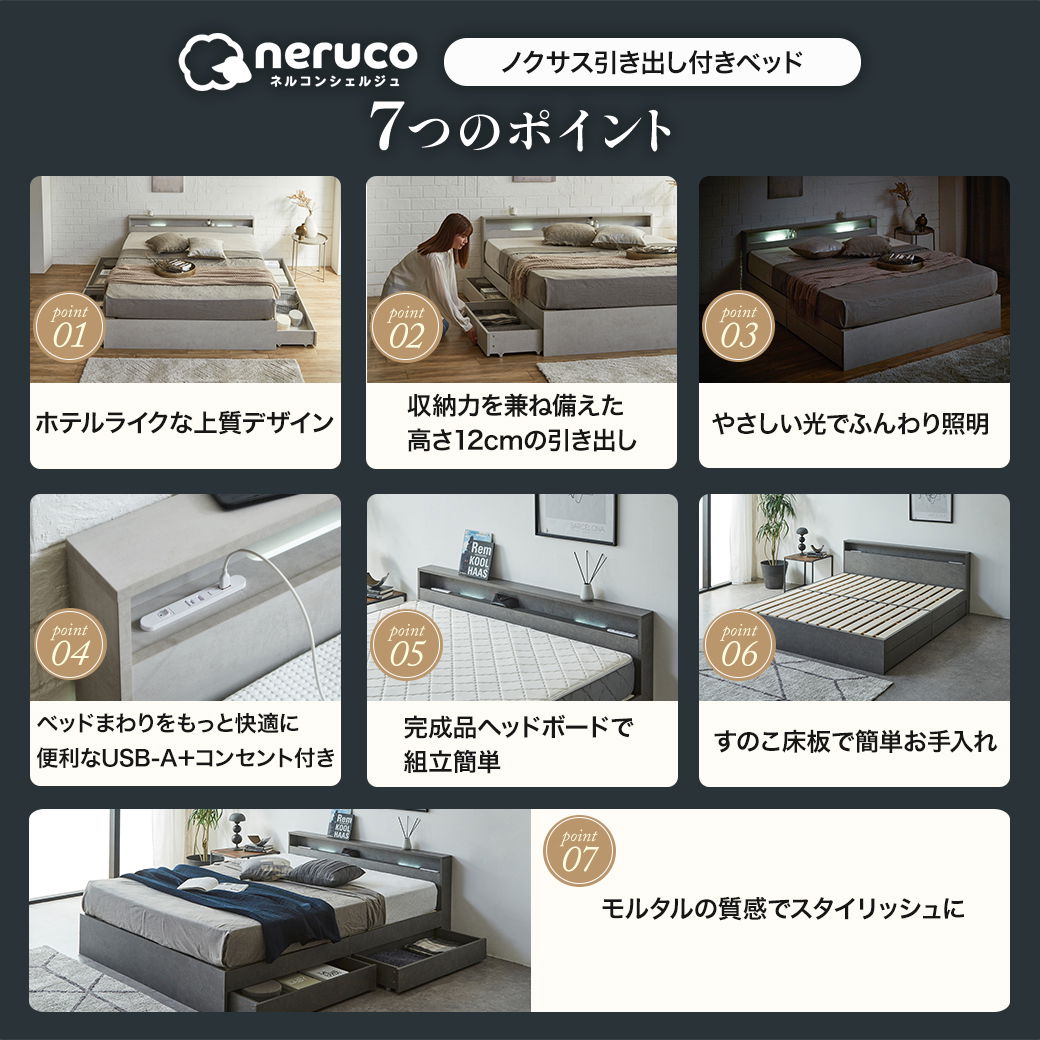 照明 収納付きベッド ノクサス シングル すのこ フレーム単品 USB