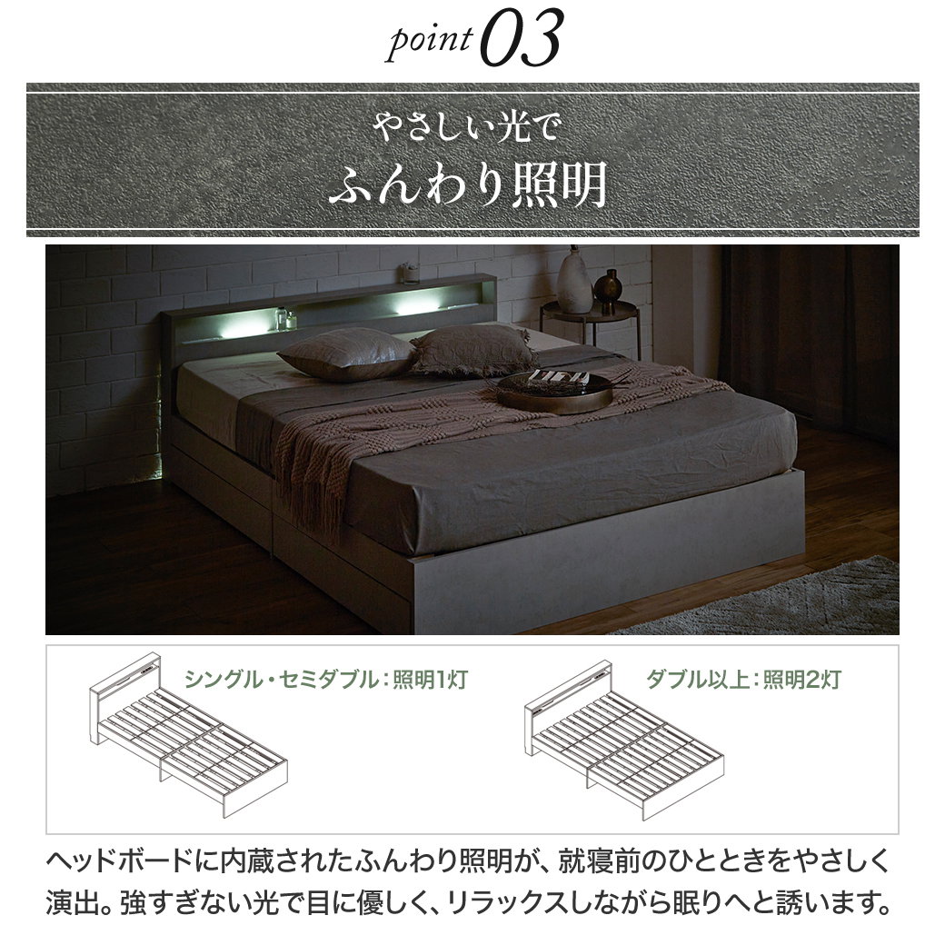 照明 収納付きベッド ノクサス セミダブル すのこ フレーム単品 USB