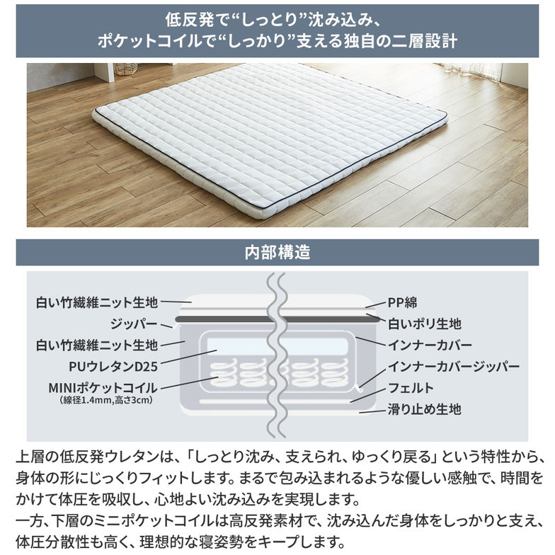 ネルコ ポケットコイルマットレス ネルコンシェルジュ マットレストッパー 8cm厚 薄型 洗えるカバー ウレタン 体圧分散 竹繊維 消臭 抗菌 やわらか ホワイト セミダブル