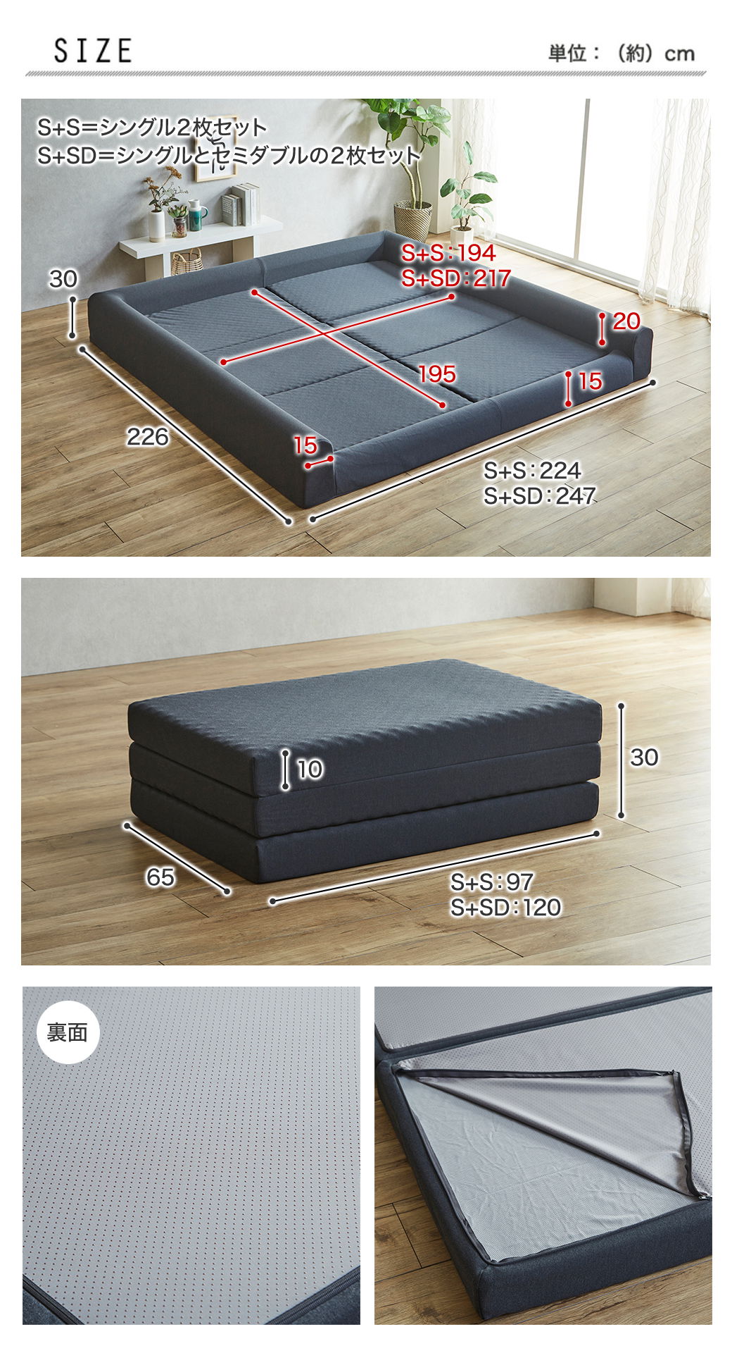 ファミリーマットレス サイズ表（約cm）｜S+S幅194／S+SD幅217、外寸224・247×195、高さ30cm／三つ折り収納サイズ・裏面すべり止め仕様