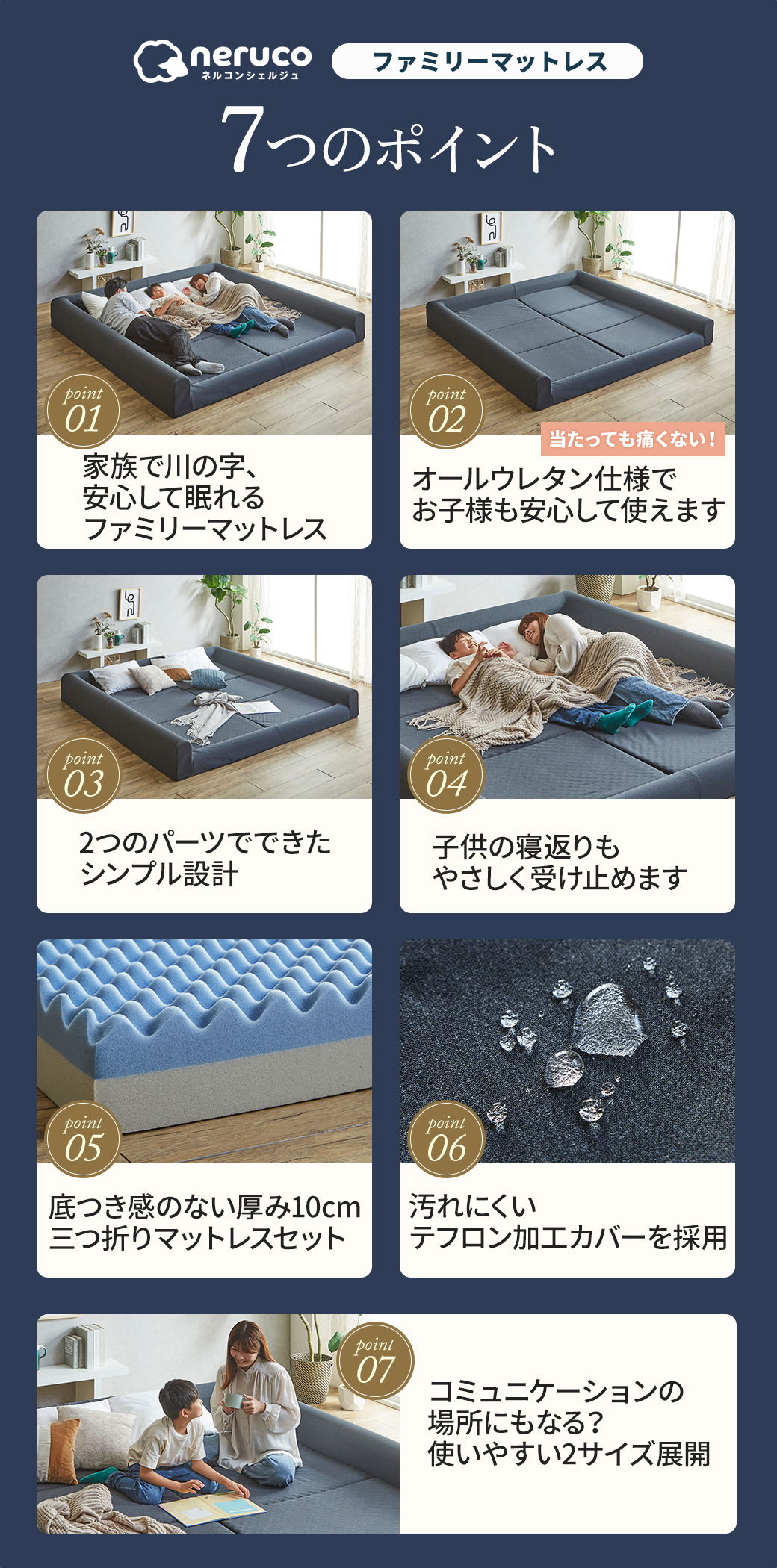 ファミリーマットレス7つのポイント一覧｜オールウレタン・角のない設計・三つ折り・撥水防汚カバーなど特徴まとめ