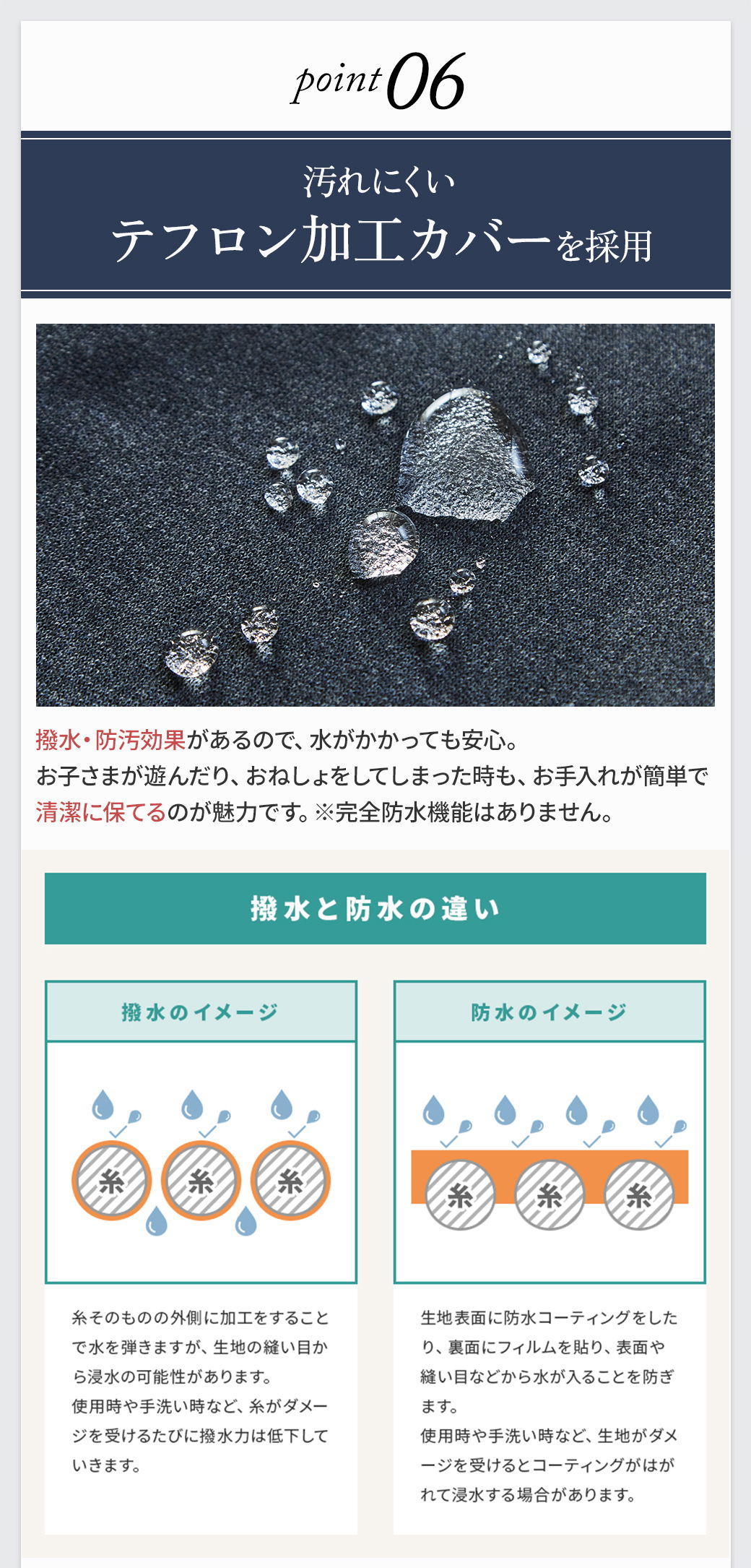 Point06 汚れにくいテフロン加工カバー｜撥水・防汚でお手入れ簡単、撥水と防水の違いも図で解説