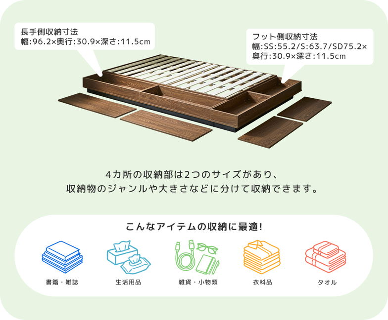 収納付きコーナーステージベッド CORNER STAGE BED ステージベッド 隠せる収納 フタ付き収納 ローベッド すのこベッド 床面高24cm ベッド単品 セミシングル