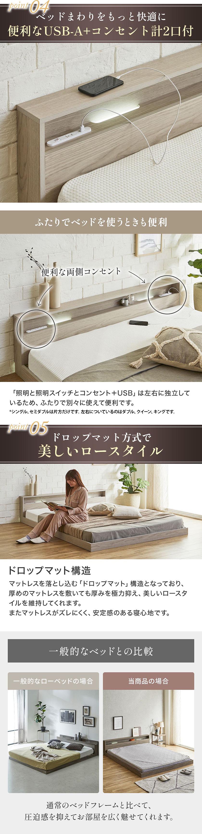 便利なUSB-Aとコンセント計2口付き 左右独立で二人でも使いやすい マットレスがズレにくいドロップマット構造