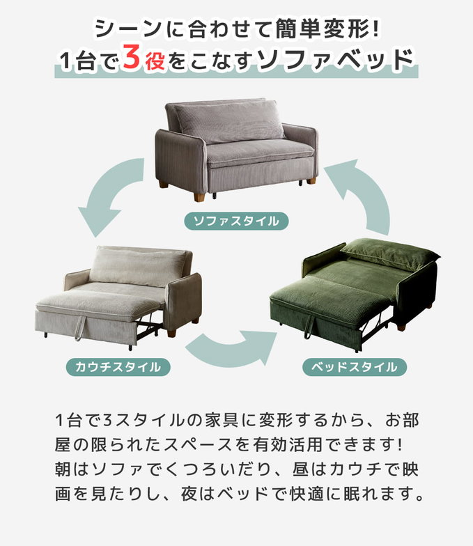3WAYソファベッド ソファーベッド カウチソファ コーデュロイ生地タイプ  2人掛けソファ 2Pソファ ファブリックソファ 肘掛け付き クッション付き 【大型家具配送】