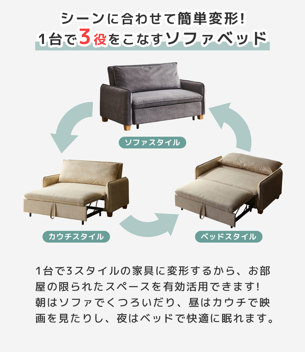 3WAYソファベッド ソファーベッド カウチソファ 強化生地タイプ 2人