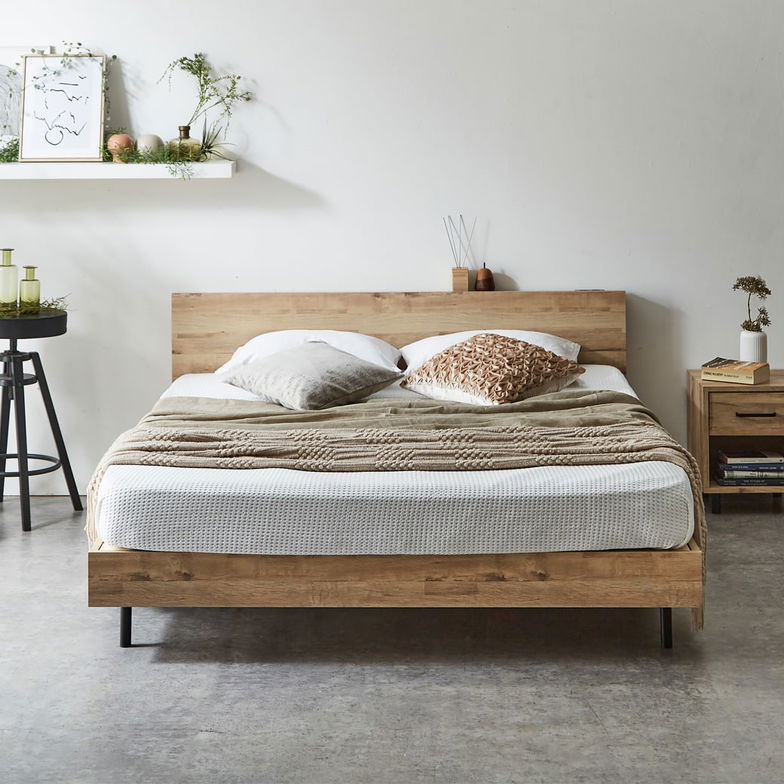 棚付きベッド 厚さ20cmポケットコイルマットレスセット キング 木製 すのこベッド コンセント付き 【大型家具配送】