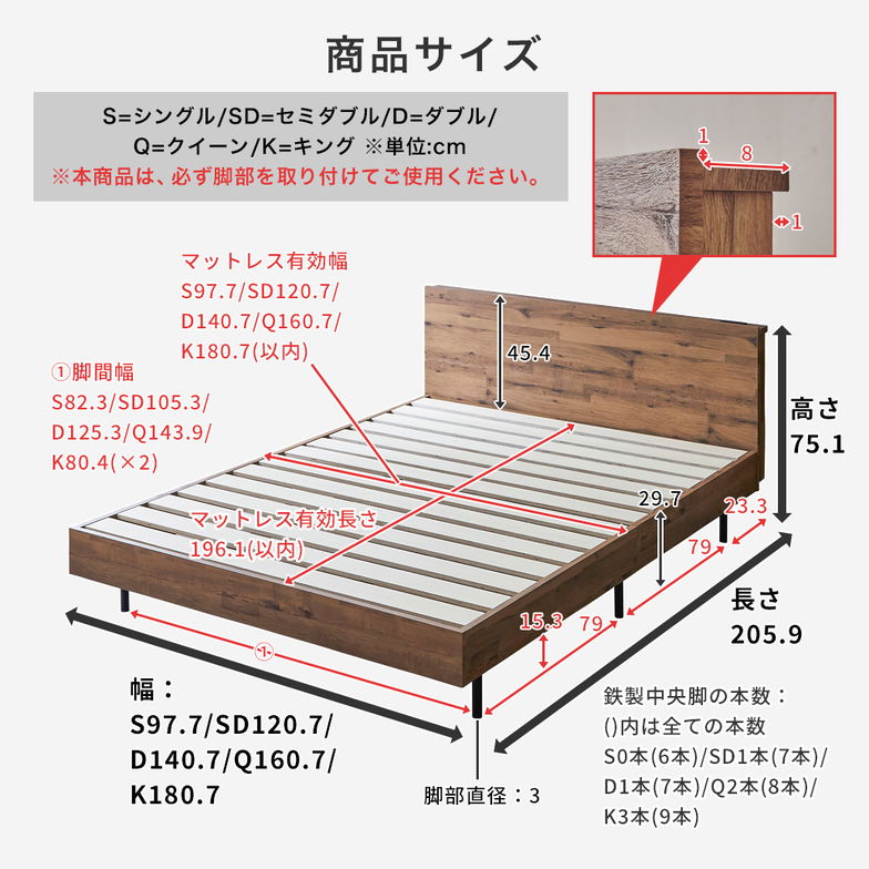 棚付きベッド 厚さ20cmポケットコイルマットレスセット キング 木製 すのこベッド コンセント付き 【大型家具配送】