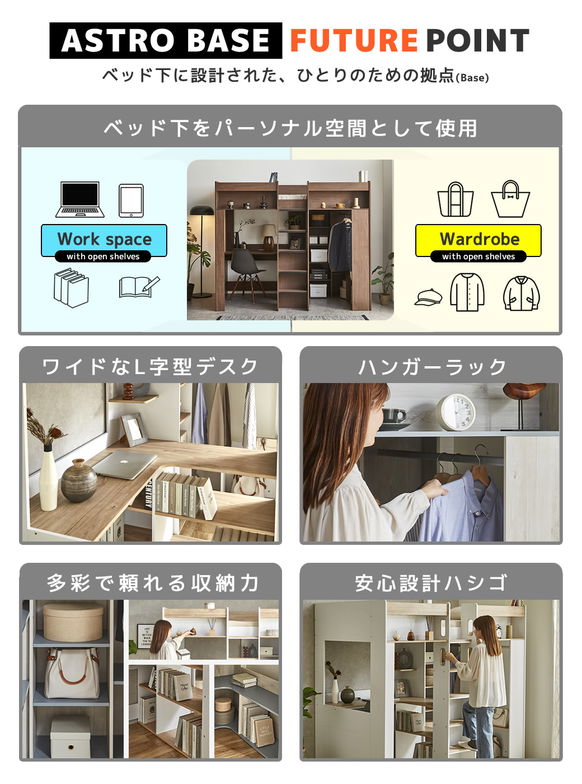 アストロベース システムベッド ロフトベッド 収納付き デスク付き シングル ベッドフレーム 木製 ハンガー シェルフ L型デスク 【大型家具配送】