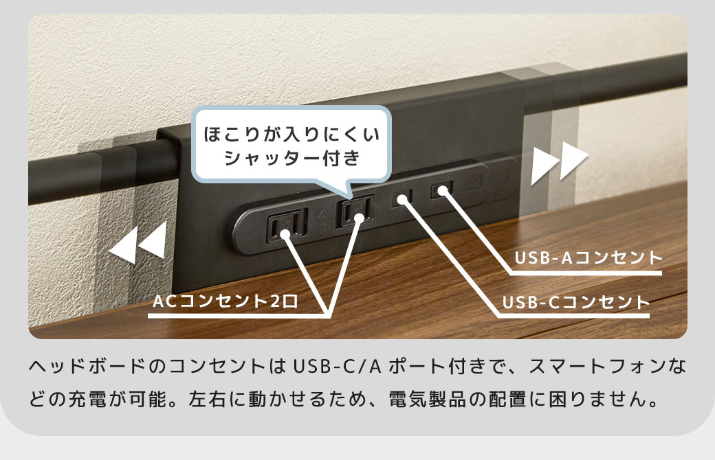 ヘッドボード コンセント AC 2口 USB-A USB-C 充電ポート